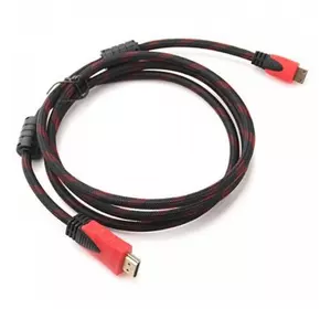 Кабель Merlion HDMI-HDMI 2.0m, v1.4, OD-7.4mm, 2 фільтра, обплетення, круглий Black / RED, коннектор RED / Black, (Пакет), Q120